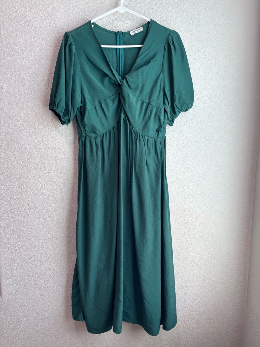 Anna-Kaci Twist Front Puff Sleeve Midi Dress Green Women’s Size Large